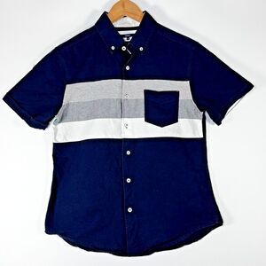 Ciaopanic Mens Colorblock Short Sleeve Button Down Shirt Medium Blue Gray Stripe